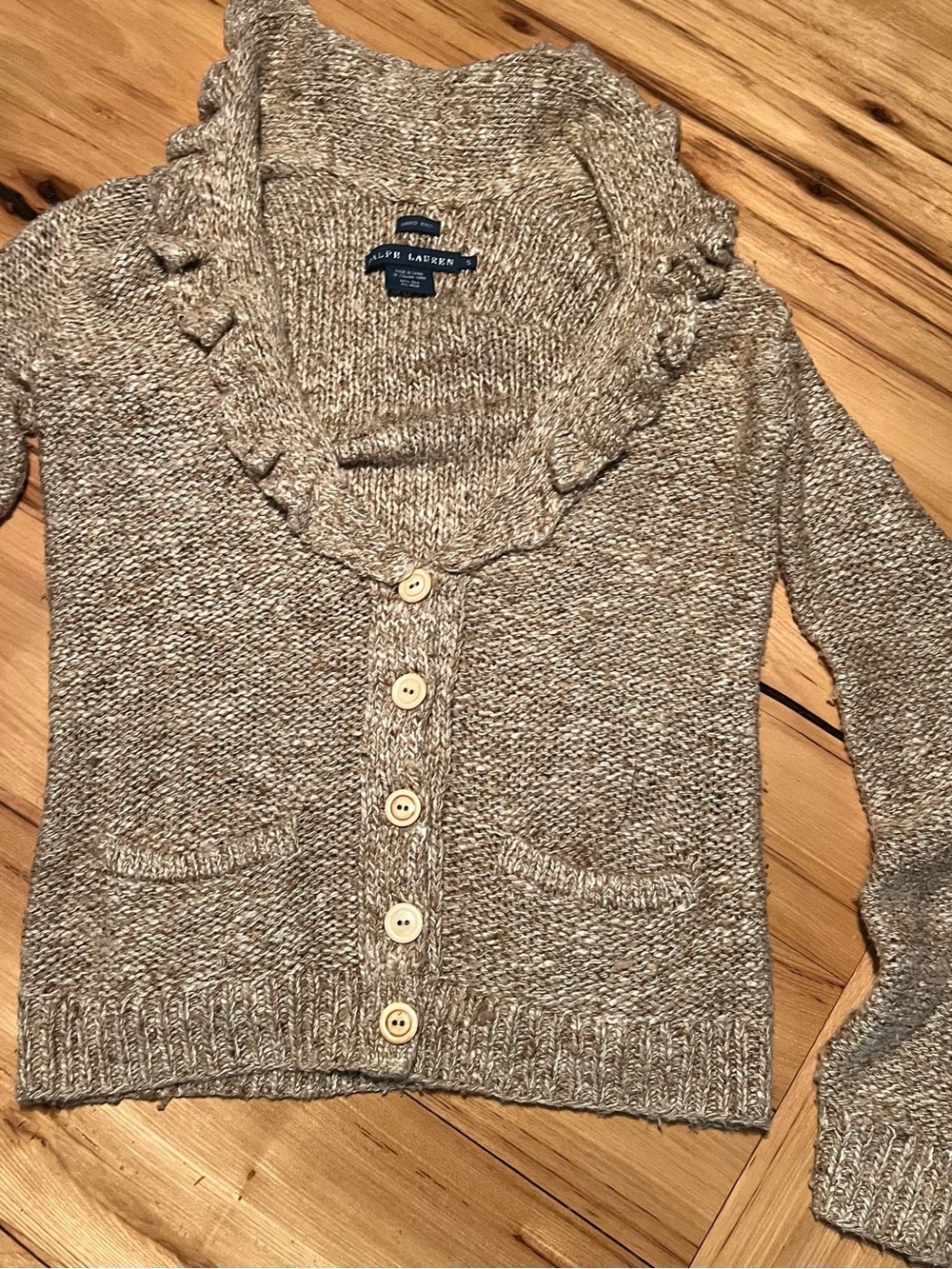 Stunning Hand Knit Ralph Lauren Cream-Brown Marled Ruffle-Collar Cardigan